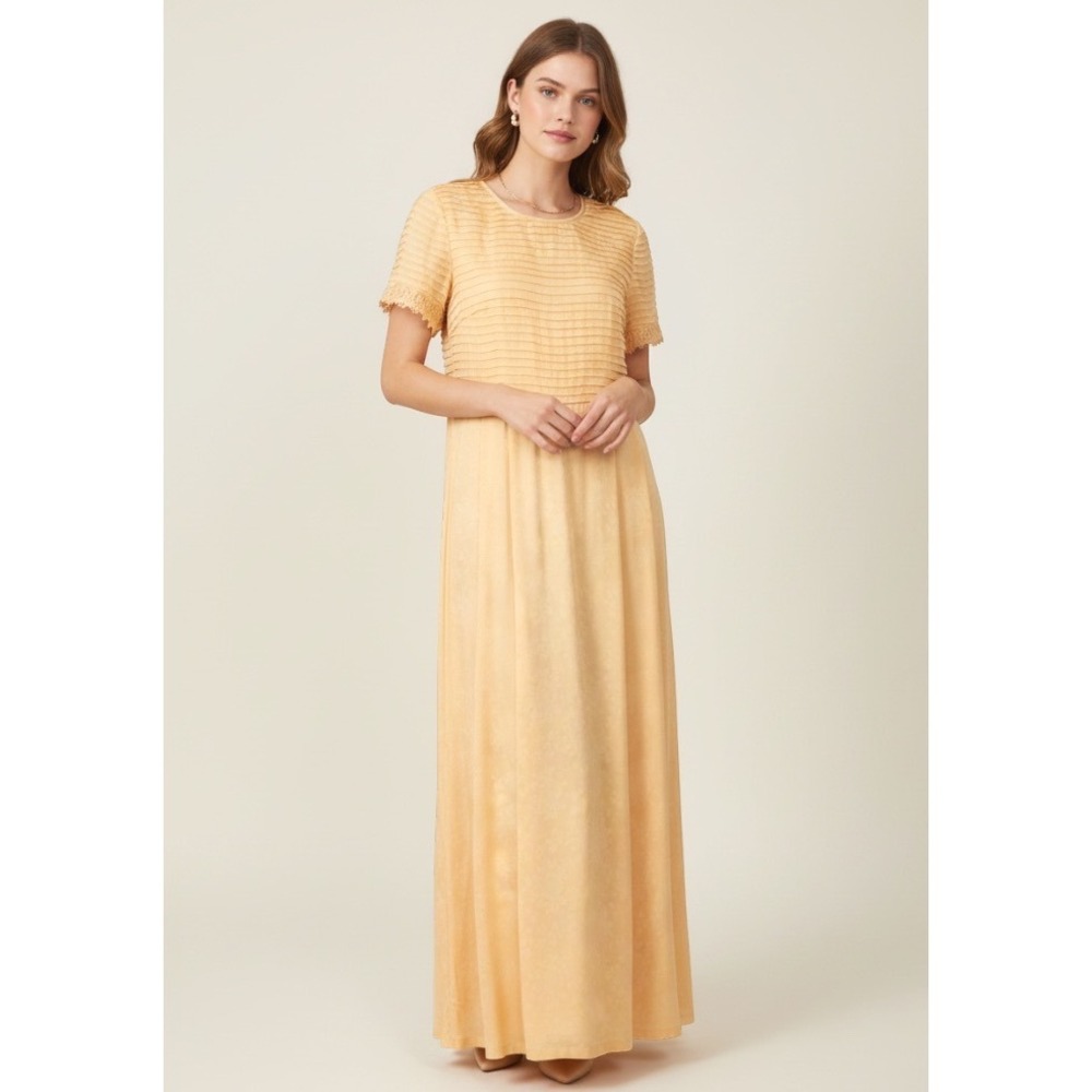 VTG Sarah Elizabeth PEACH RAYON DRESS Pleated Pearl Lace Sleeves COTTAGECORE 10